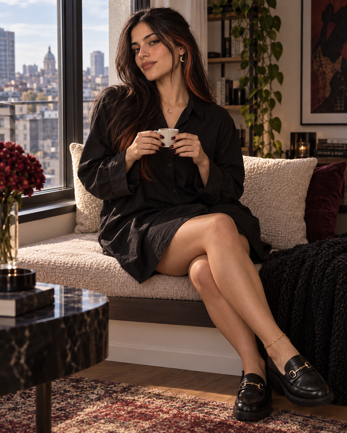 Selene holding coffee beside a city window