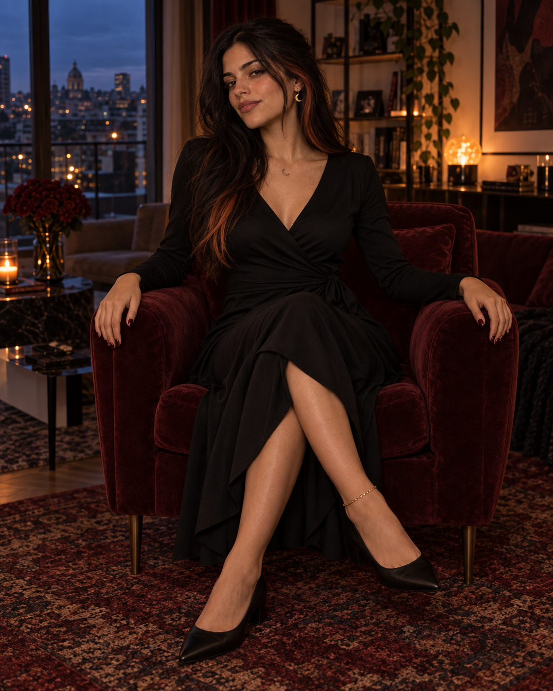 Selene in an elegant black dress in a burgundy lounge