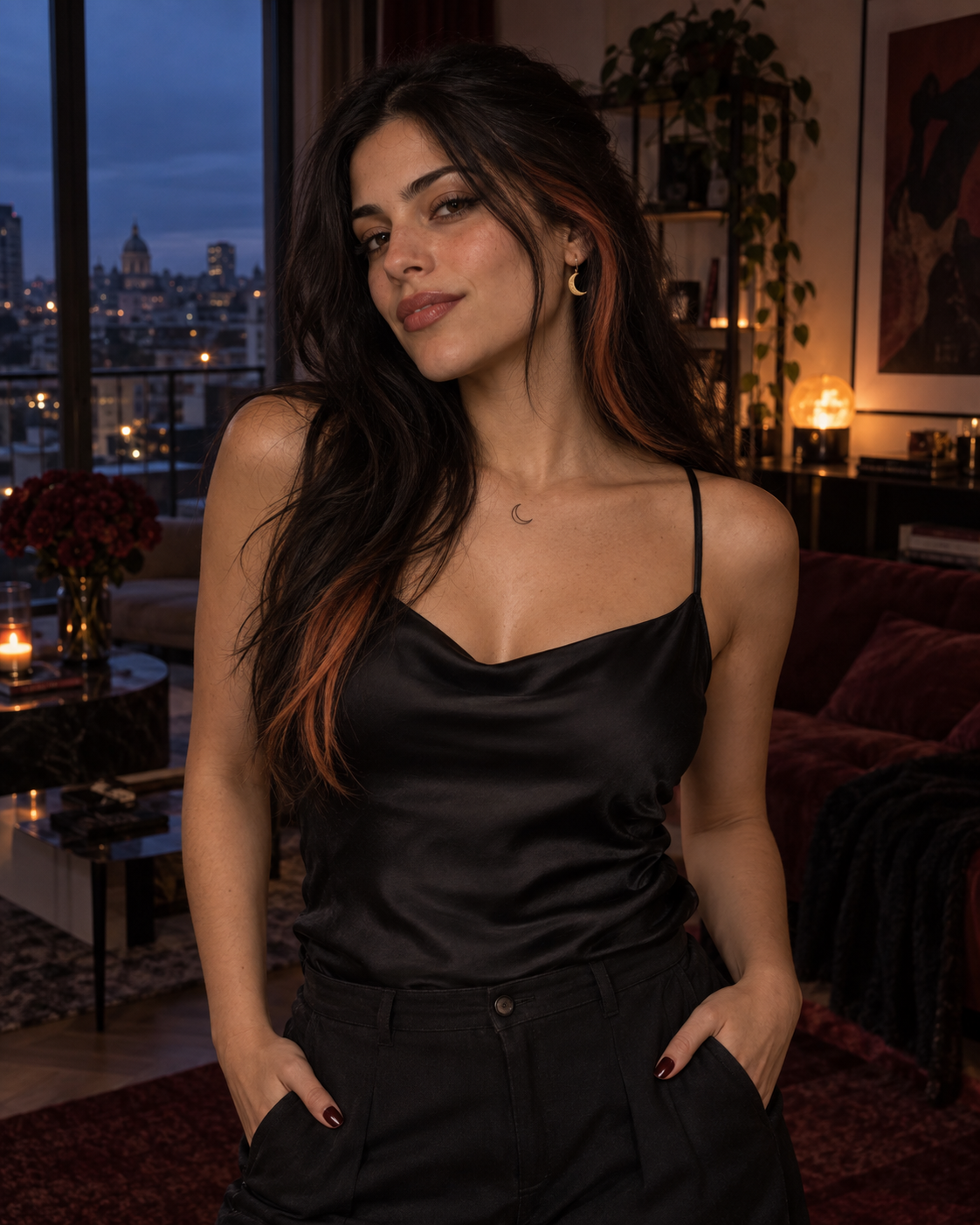Selene Marin in a black satin top at blue hour