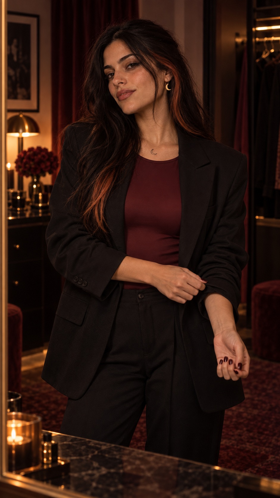 Selene in black tailoring with a burgundy top, framed in a mirror